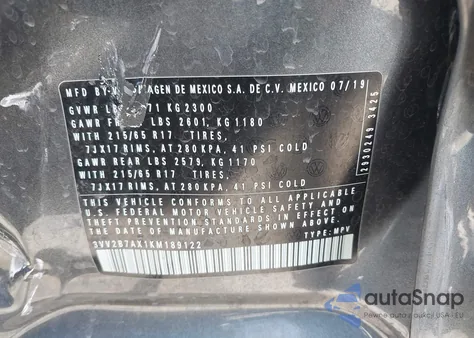 2019 Volkswagen Tiguan 2.0T Se/2.0T Sel/2.0T Sel R-Line/2.0T Sel R-Line Black z USA, uszkodzony, nr VIN 3VV2B7AX1KM189122